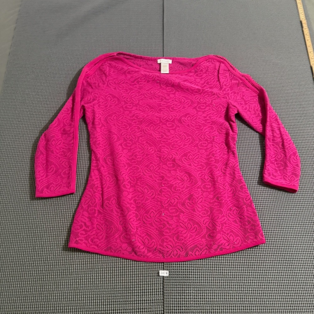 Cache Womens Pink Floral Lace 3/4 Sleeve Scoop Neck Top Size S